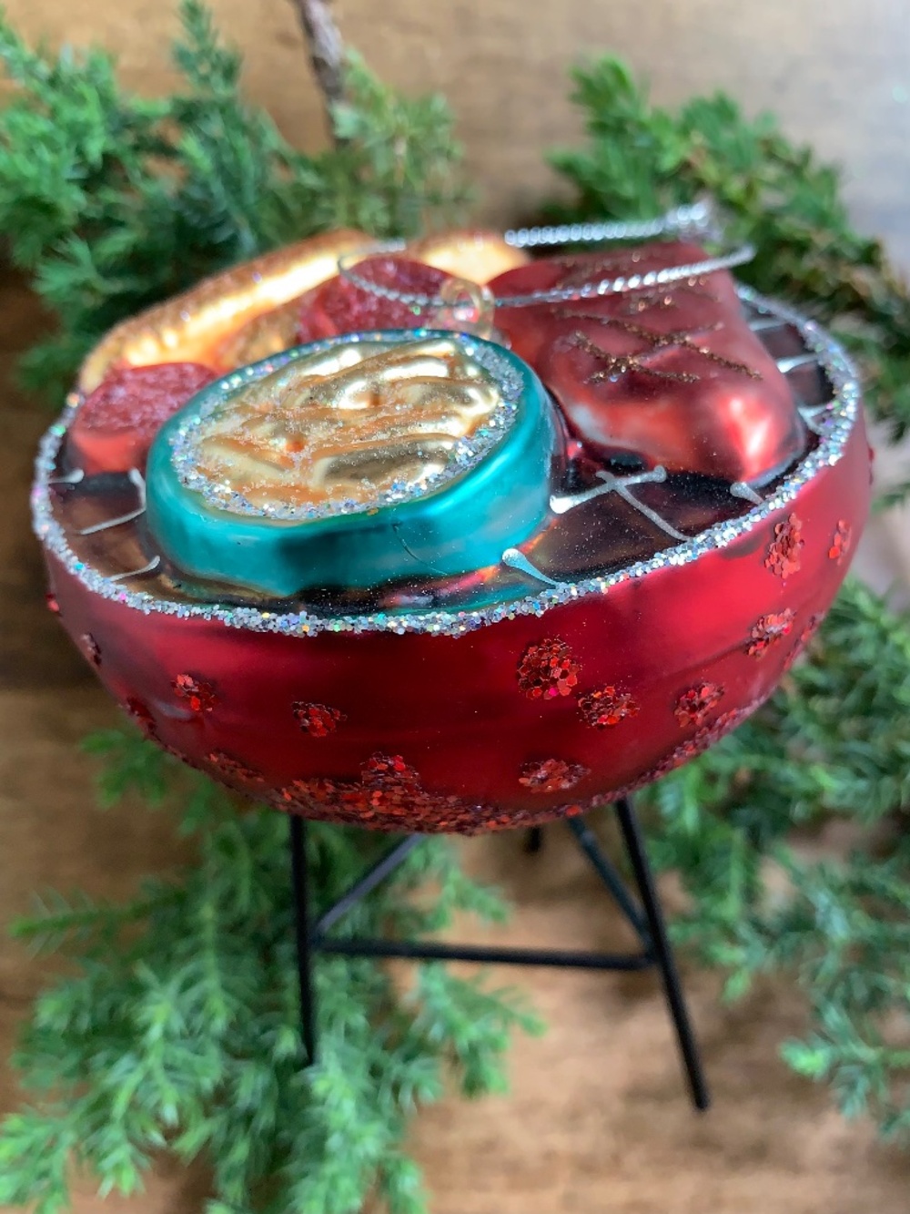 BBQ GRILL GLASS CHRISTMAS ORNAMENT HAND-BLOWN HOLIDAY BARBECUE DECOR